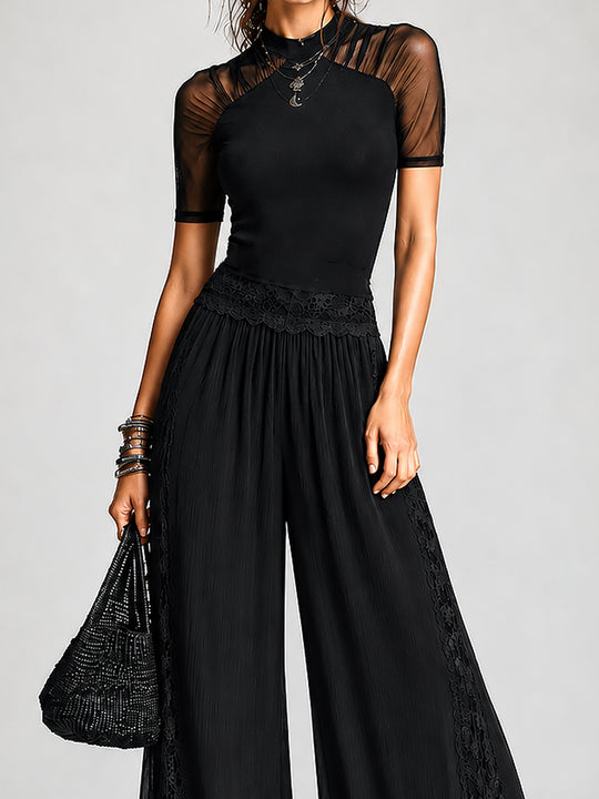 Retro Mesh-Panel Short-Sleeve T-Shirt & Lace-Trim Wide-Leg Pants Set
