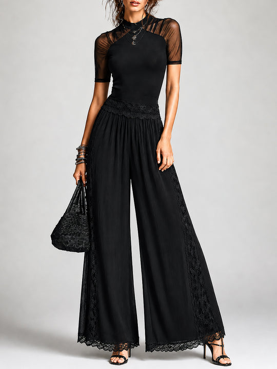 Retro Mesh-Panel Short-Sleeve T-Shirt & Lace-Trim Wide-Leg Pants Set