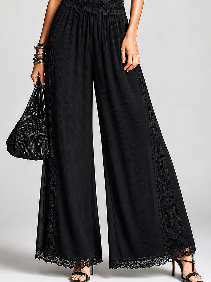 Retro Mesh-Panel Short-Sleeve T-Shirt & Lace-Trim Wide-Leg Pants Set