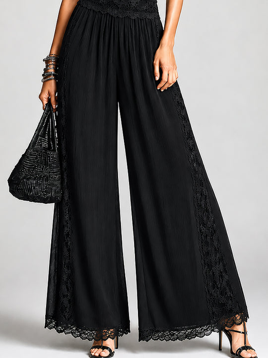 Retro Mesh-Panel Short-Sleeve T-Shirt & Lace-Trim Wide-Leg Pants Set