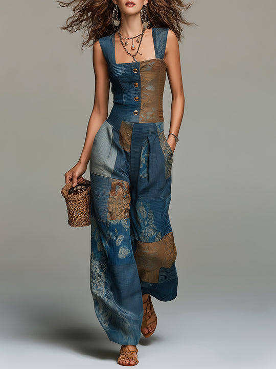 Vintage-style Button-accented Patchwork Print Wide-leg Jumpsuit