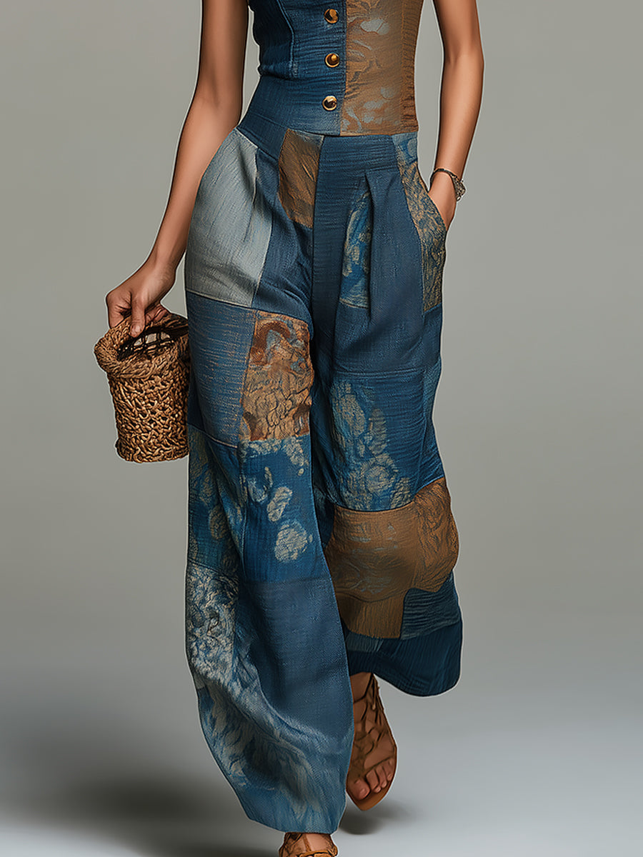 Vintage-style Button-accented Patchwork Print Wide-leg Jumpsuit