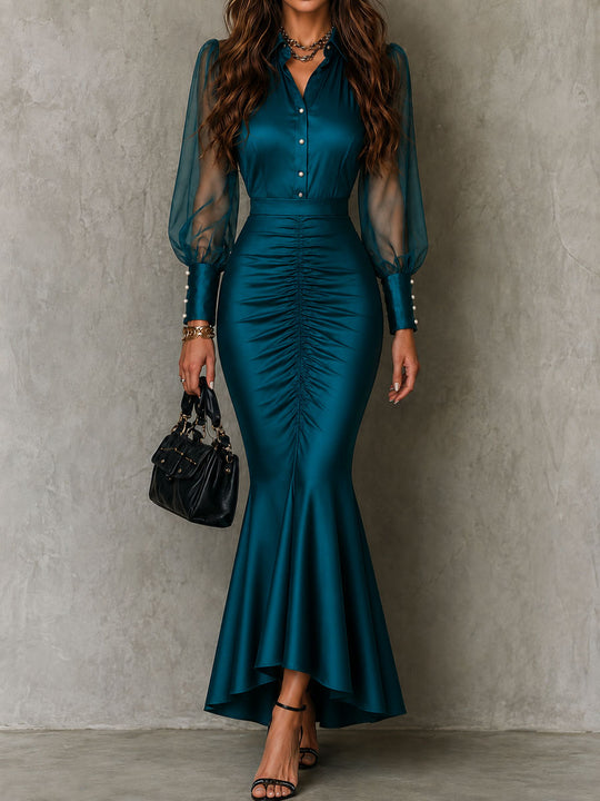 Retro Elegant  Sheer Puff Sleeves Teal Satin Ruched Mermaid Maxi Dress