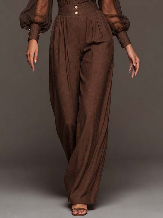 Lapel Collar Sheer Puff Sleeve Ruched Button Front Wide Leg Jumpsuit