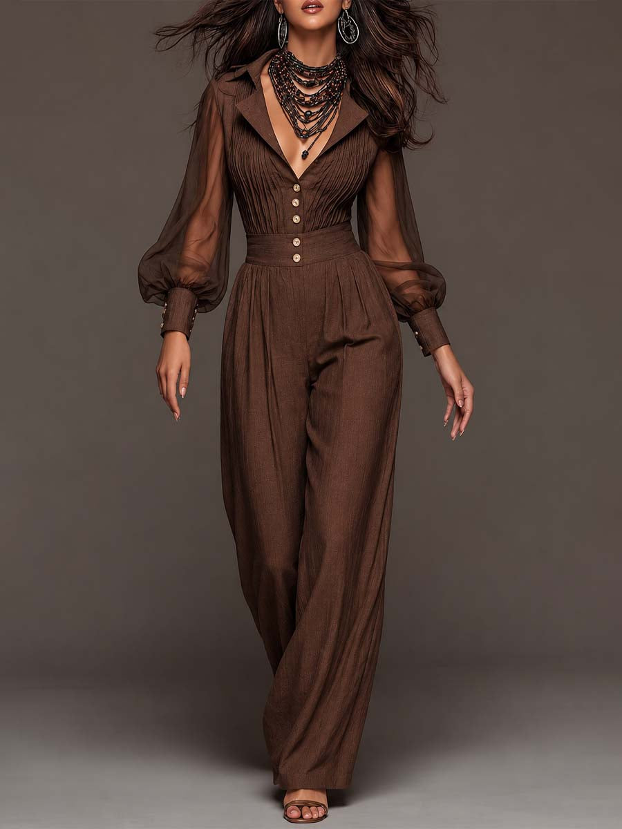 Lapel Collar Sheer Puff Sleeve Ruched Button Front Wide Leg Jumpsuit