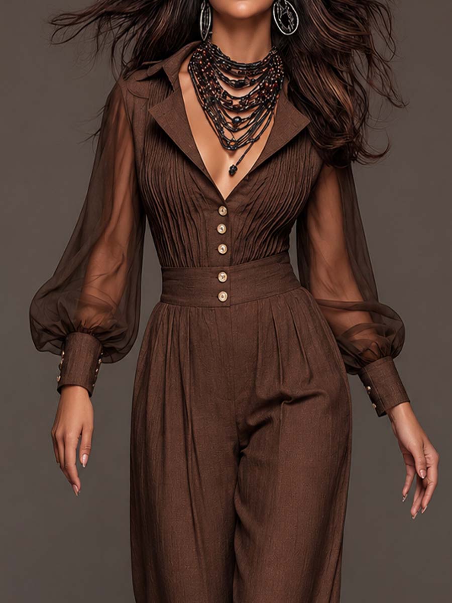 Lapel Collar Sheer Puff Sleeve Ruched Button Front Wide Leg Jumpsuit
