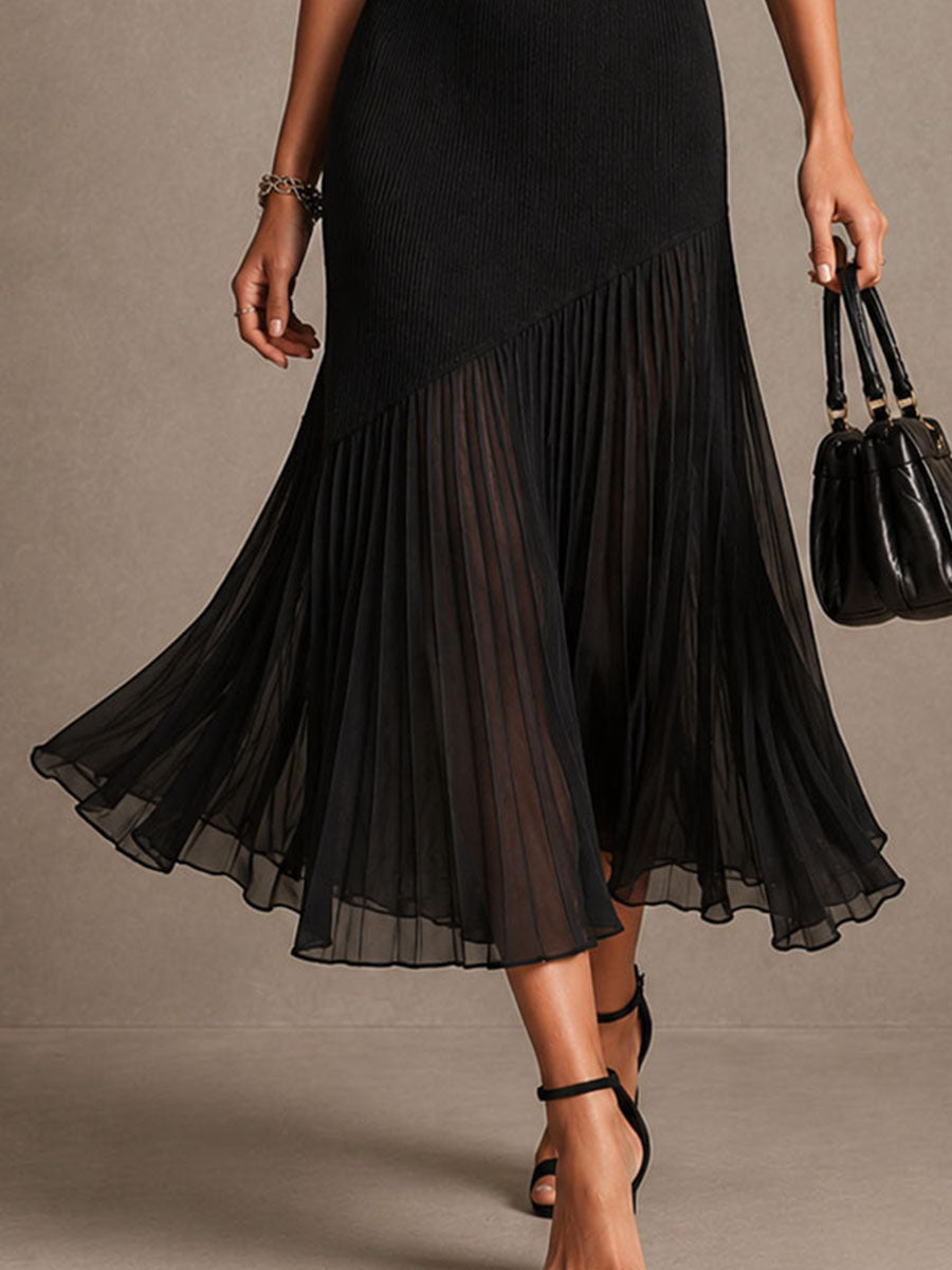 Retro Elegant Black Knit Panel Sheer Chiffon Pleated Midi Dress