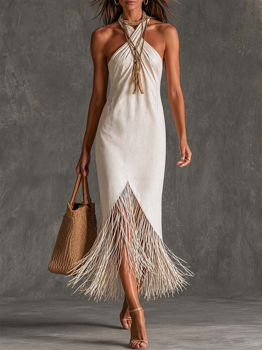 Elegant Crisscross Halter Neck Front Slit Fringe Hem Midi Dress
