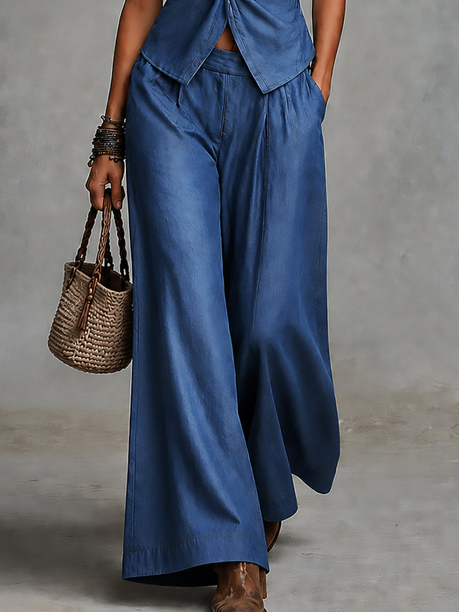 Boho Tencel Twist-front Blouse & Wide-leg Pants Set