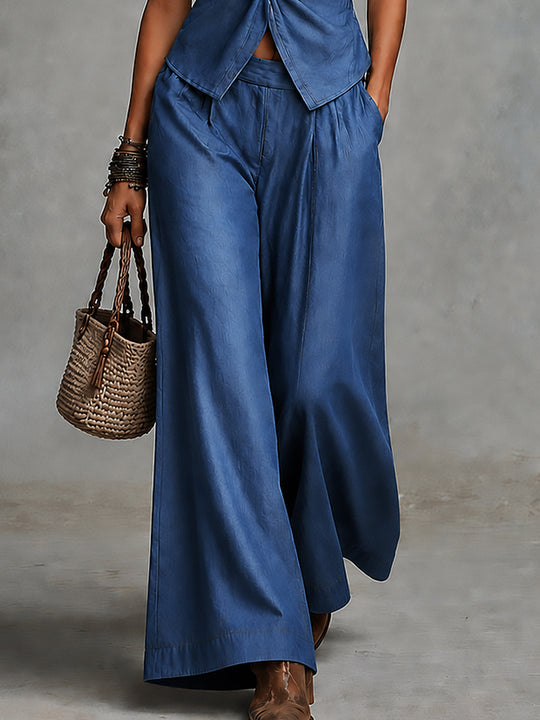 Boho Tencel Twist-front Blouse & Wide-leg Pants Set