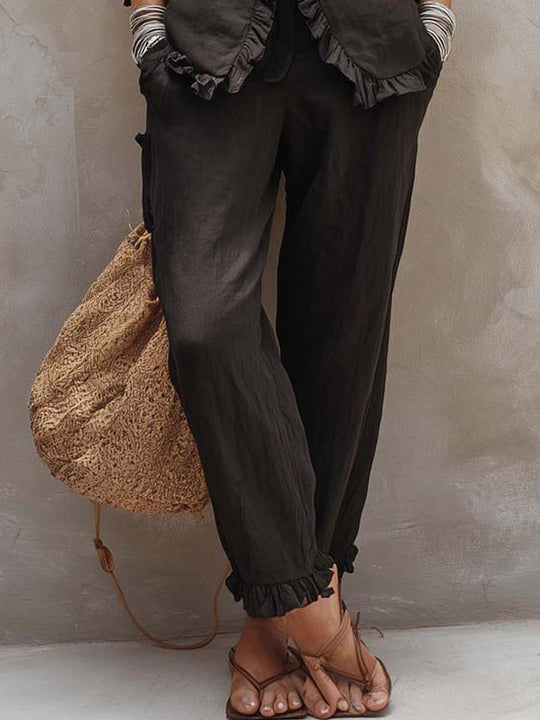Vintage Ruffled Cotton-linen Matching Set
