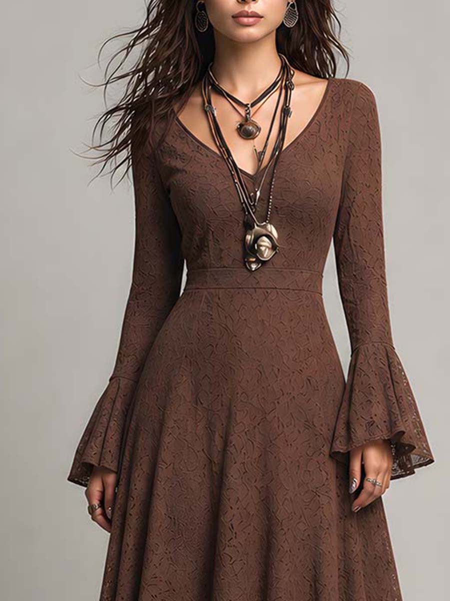 Retro Flare Cuffs Lace Fabric Midi Dress