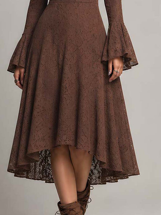Retro Flare Cuffs Lace Fabric Midi Dress