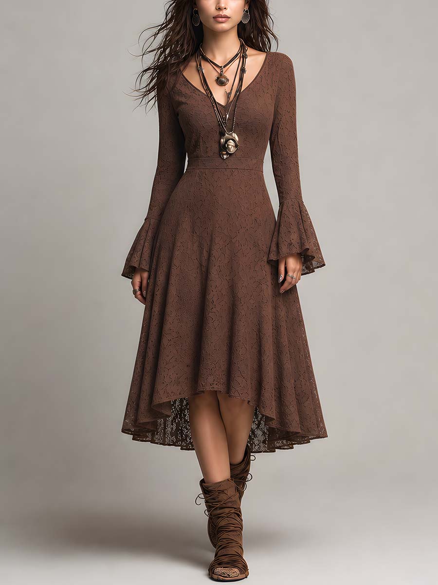 Retro Flare Cuffs Lace Fabric Midi Dress