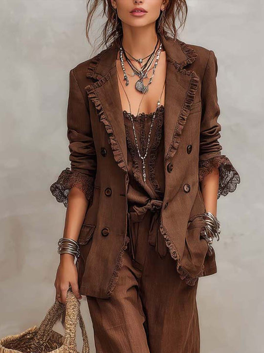 Vintage Lace Cuffs Cotton-linen Blazer Matching Set