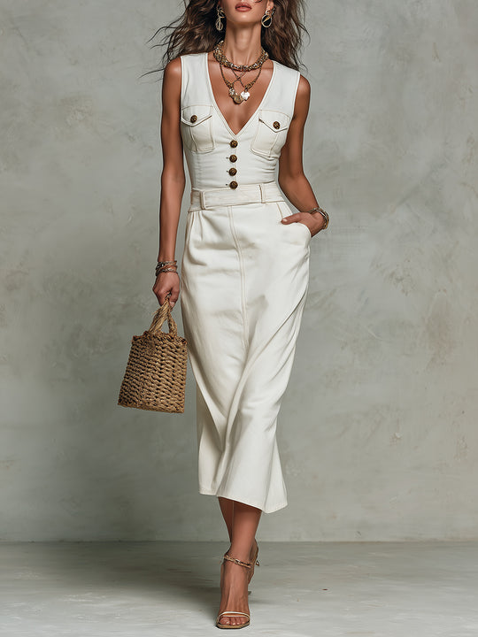 Vintage Patch-pocket Straight-cut Denim Midi Dress