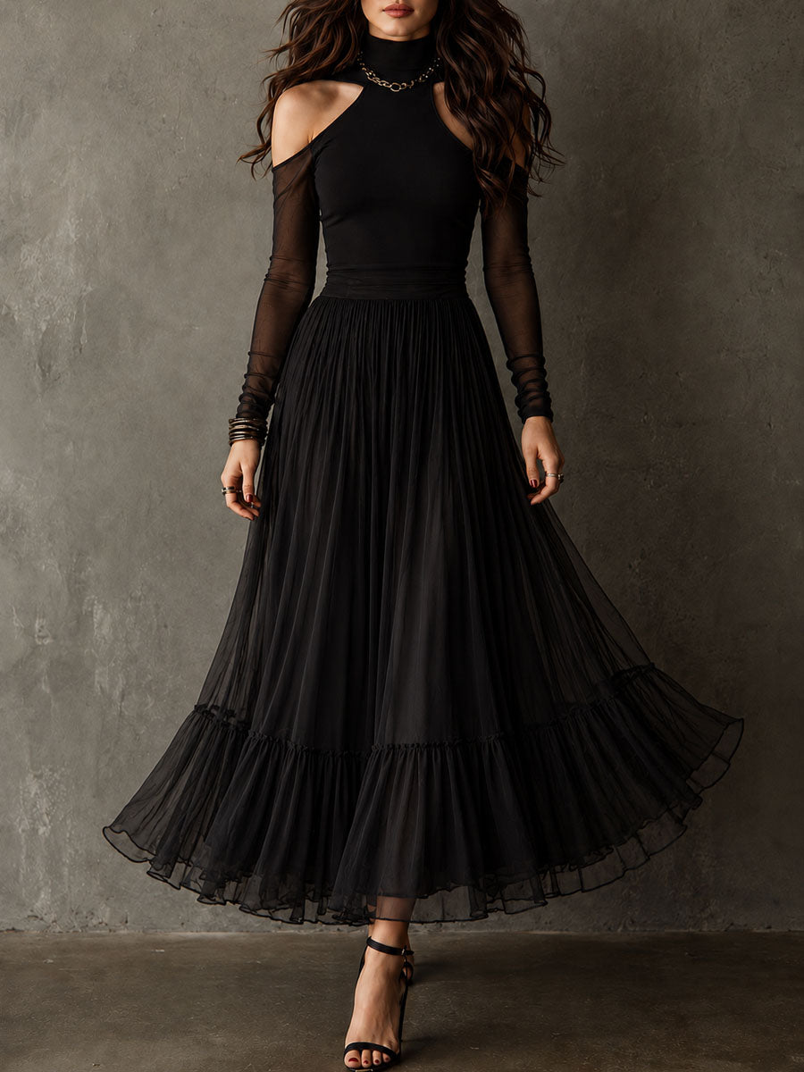 Retro Elegant Black Mesh Sleeve Pleated Maxi Dress