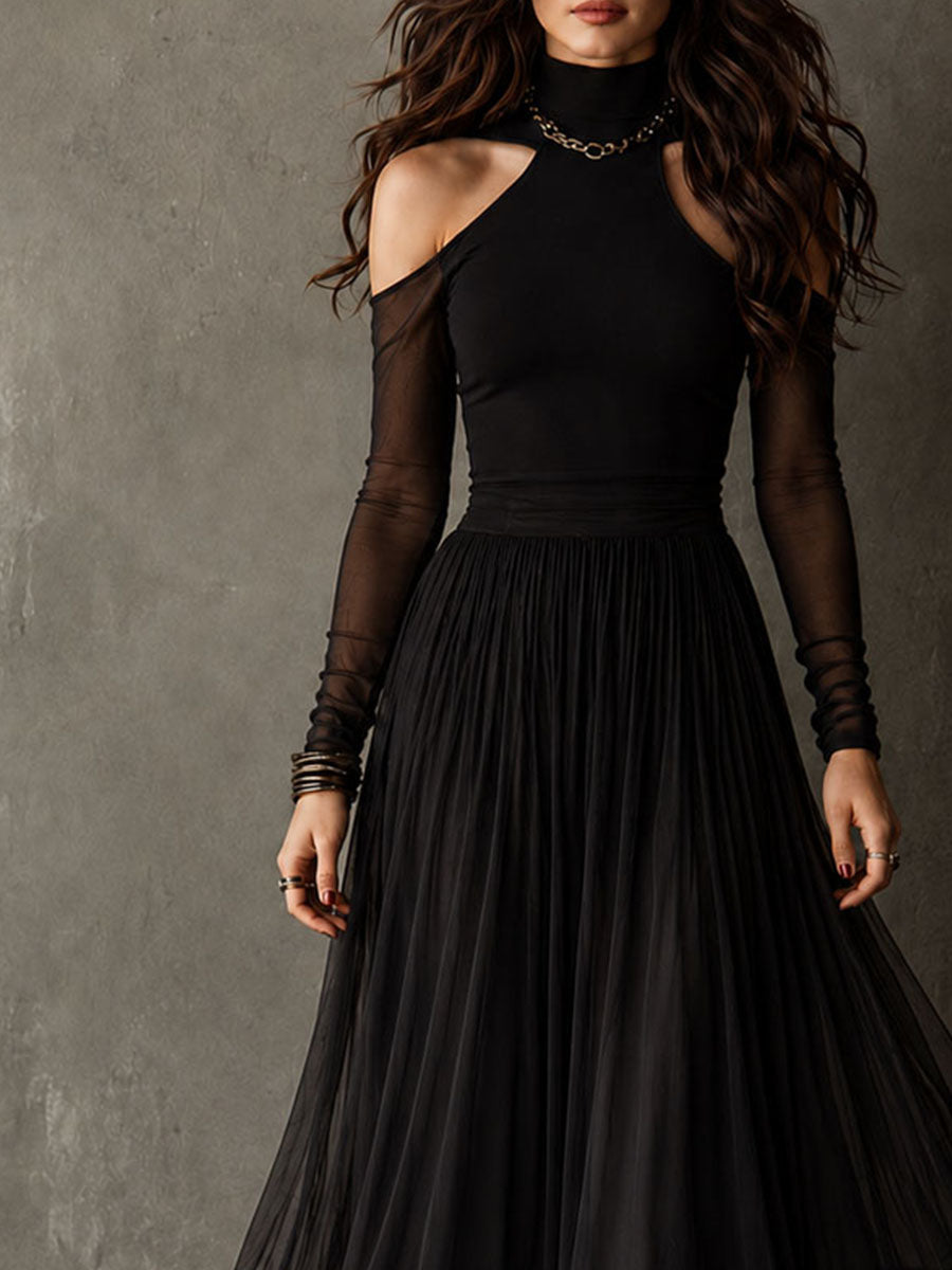 Retro Elegant Black Mesh Sleeve Pleated Maxi Dress