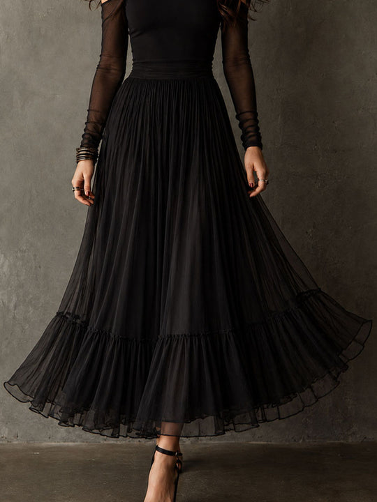 Retro Elegant Black Mesh Sleeve Pleated Maxi Dress