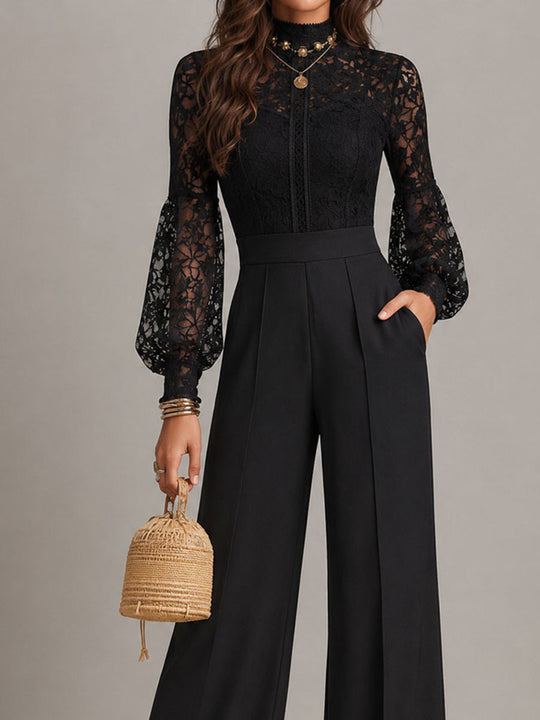 Rerto Elegant Black Lace High Neck Sheer Lace Balloon Sleeves Wide-Leg Jumpsuit