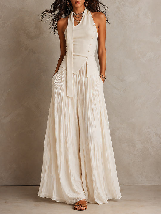Chic Halter-neck Asymmetric Hem Top & Crinkled Chiffon Wide-leg Pants Set