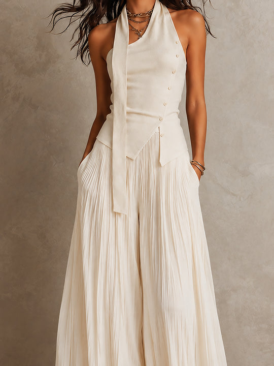 Chic Halter-neck Asymmetric Hem Top & Crinkled Chiffon Wide-leg Pants Set
