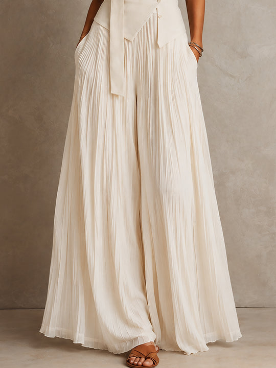 Chic Halter-neck Asymmetric Hem Top & Crinkled Chiffon Wide-leg Pants Set