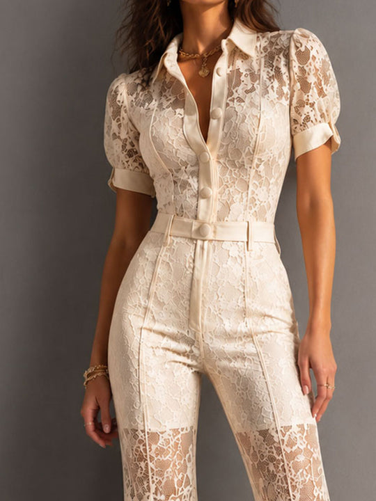 Retro Elegant Cream Lace Puff Sleeves Flare Legs Jumpsuit