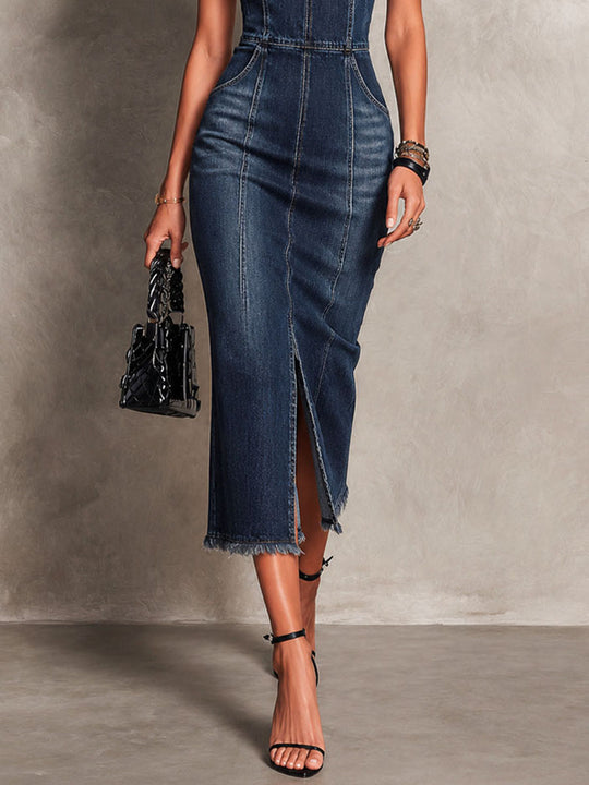 Retro Elegant Sweetheart Neck Denim Front Slit Midi Dress