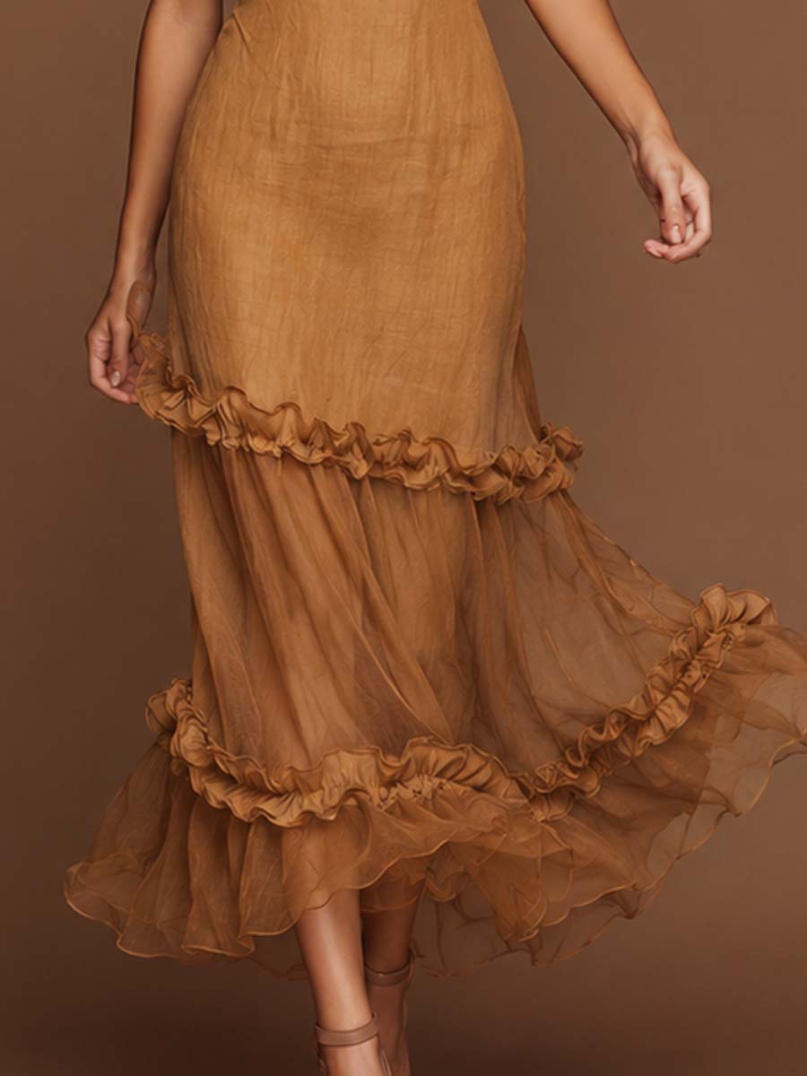 Elegant Tie Halter Keyhole Front Tiered Ruffle Tencel-linen Blend Midi Dress