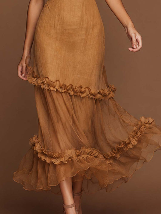 Elegant Tie Halter Keyhole Front Tiered Ruffle Tencel-linen Blend Midi Dress
