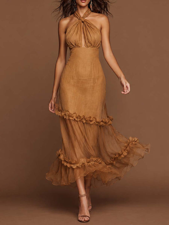 Elegant Tie Halter Keyhole Front Tiered Ruffle Tencel-linen Blend Midi Dress