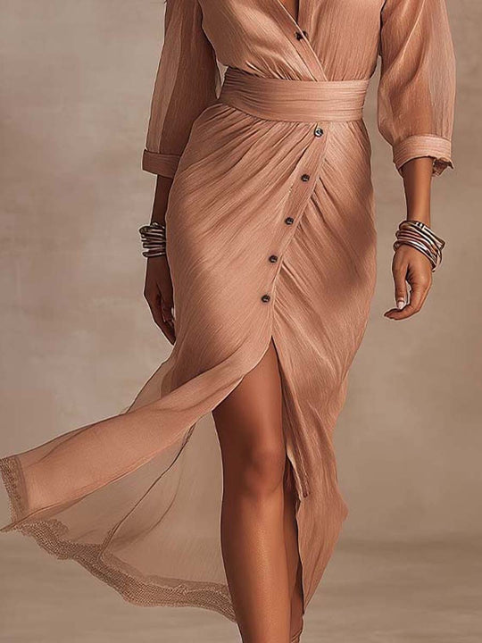 Refined Casual Tencel-Linen Blend Wrap Shirt Midi Dress