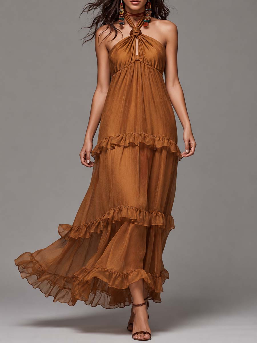 Boho Knotted Halter Tencel-linen Blend Tiered Ruffle Maxi Dress
