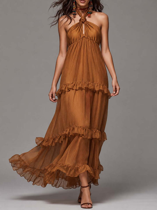 Boho Knotted Halter Tencel-linen Blend Tiered Ruffle Maxi Dress