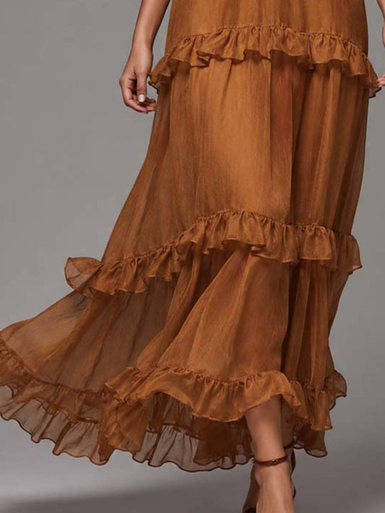 Boho Knotted Halter Tencel-linen Blend Tiered Ruffle Maxi Dress