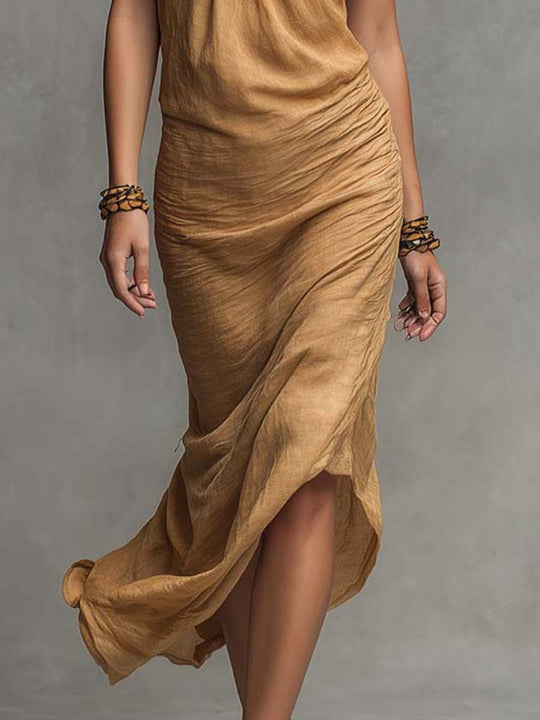 Boho Cross Halter Ruched Linen Midi Dress