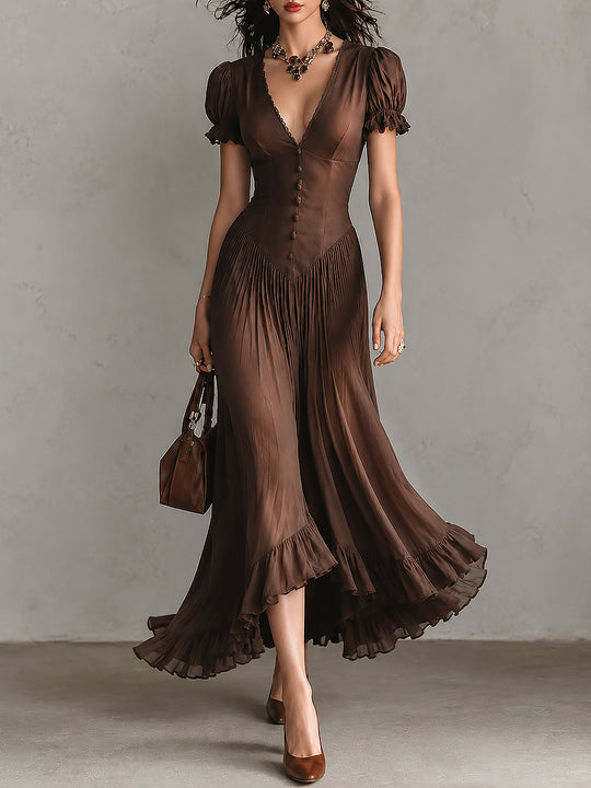 Elegant Tencel Puff-sleeve Maxi Dress With A Ruffled Hem