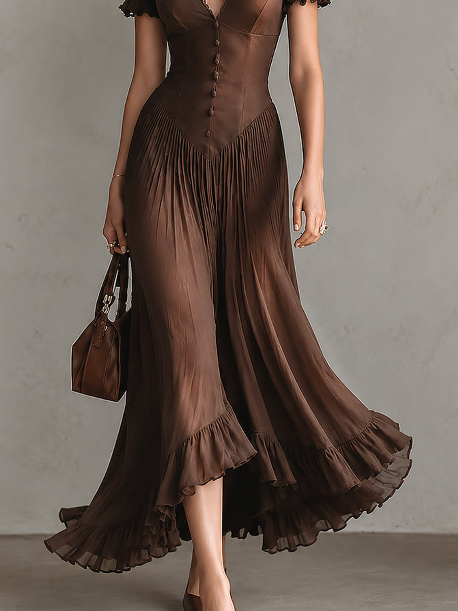 Elegant Tencel Puff-sleeve Maxi Dress With A Ruffled Hem