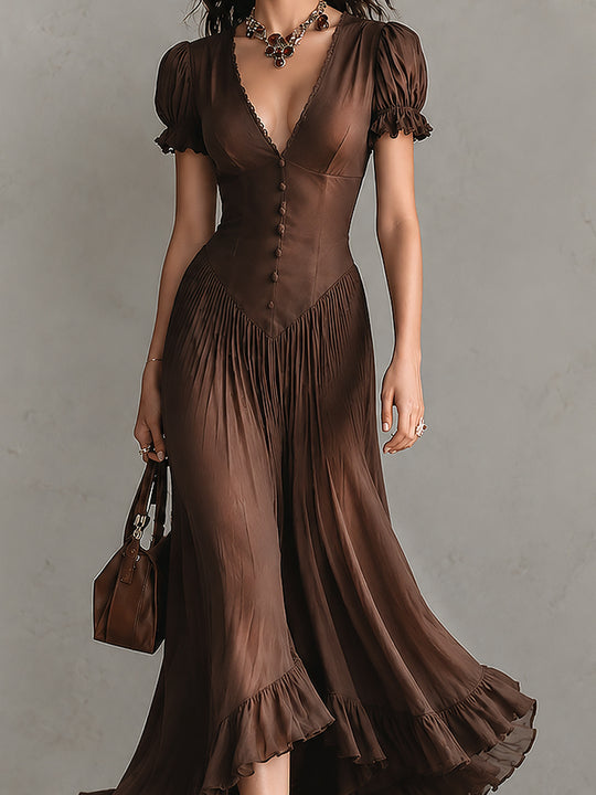 Elegant Tencel Puff-sleeve Maxi Dress With A Ruffled Hem