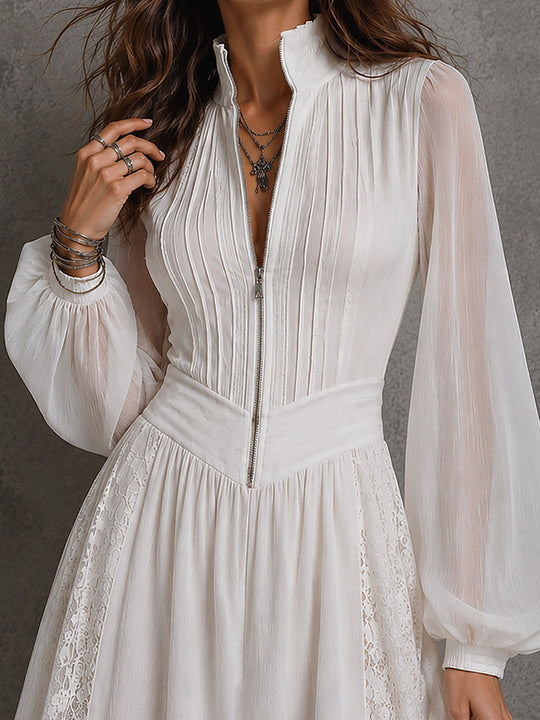 Vintage Front Zipper Chiffon Mini Dress With Lantern Sleeves