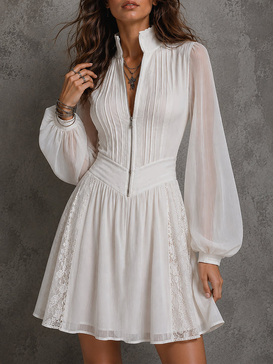 Vintage Front Zipper Chiffon Mini Dress With Lantern Sleeves