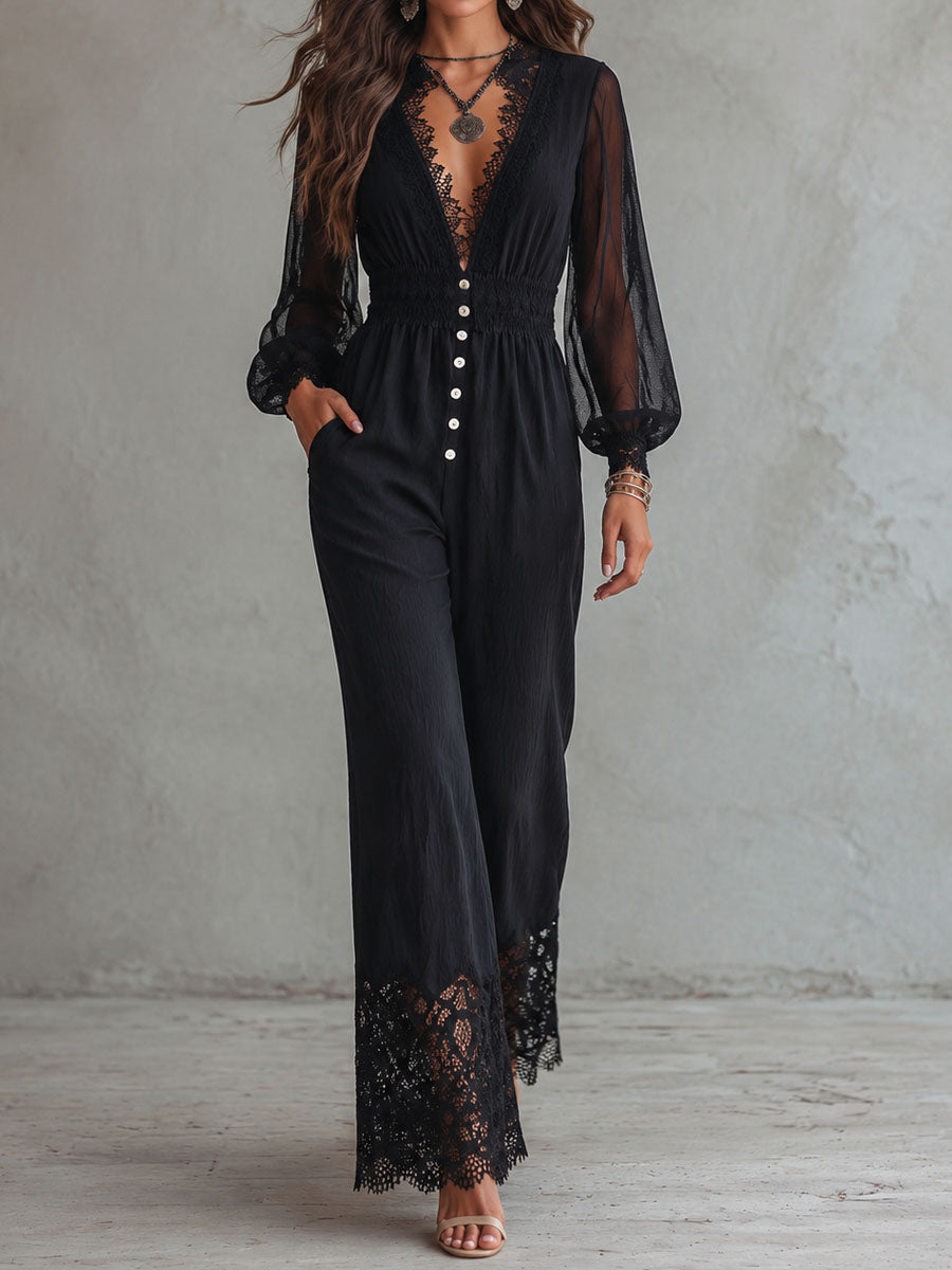 Retro Elegant Black Sheer Long Sleeves Lace Triml Wide-Leg Jumpsuit