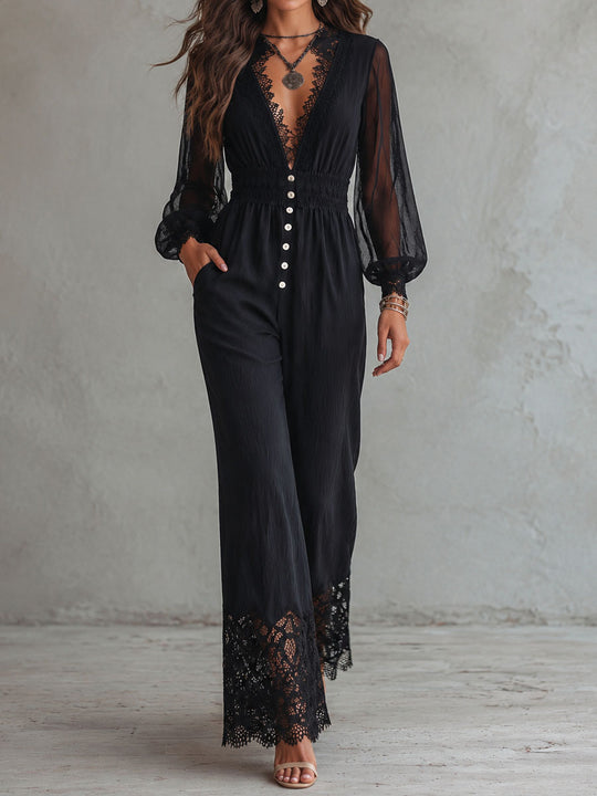 Retro Elegant Black Sheer Long Sleeves Lace Triml Wide-Leg Jumpsuit