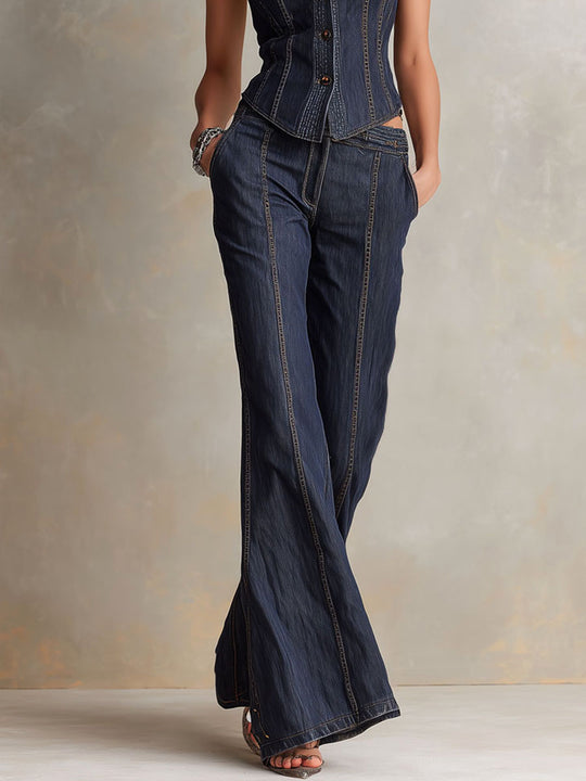 Retro Dark Denim Corset Top & High-Waisted Flared Pants Two-Piece Set