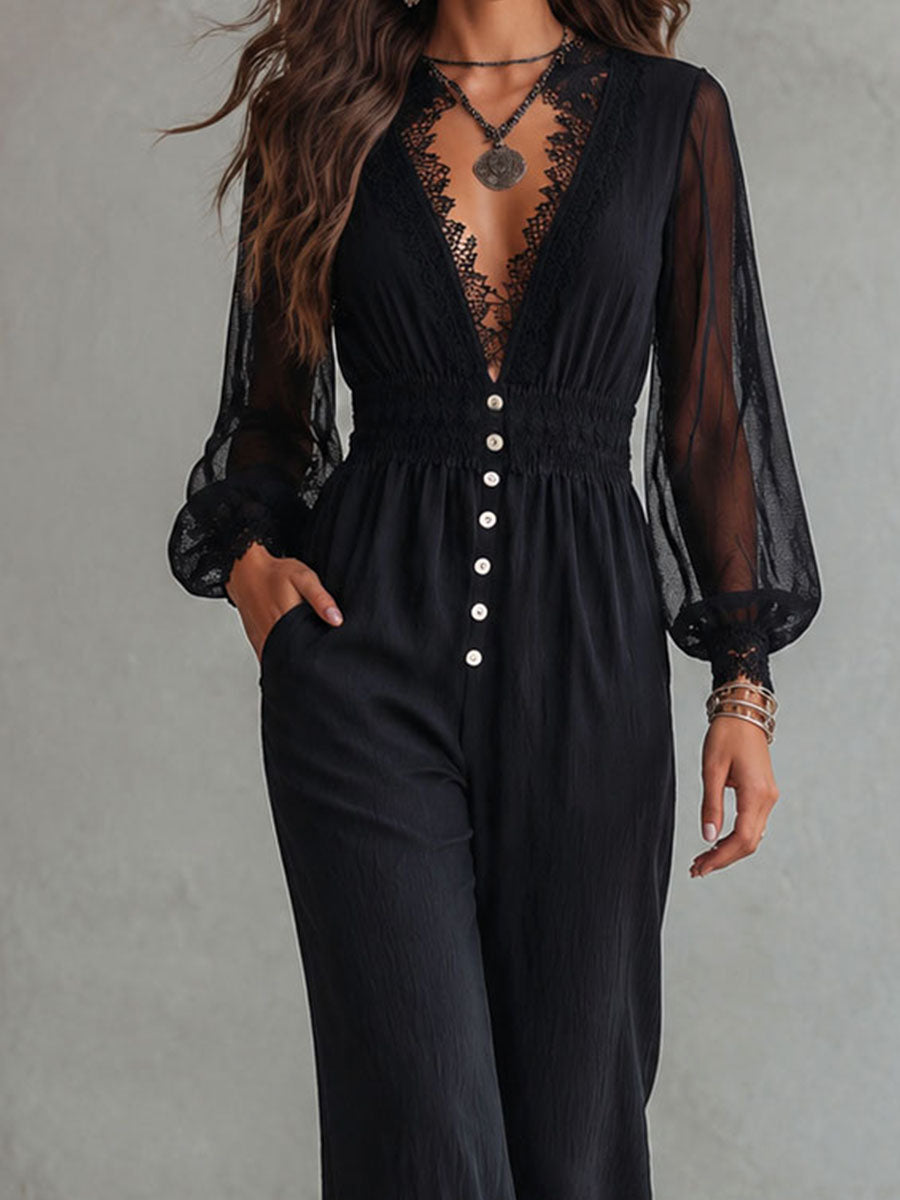 Retro Elegant Black Sheer Long Sleeves Lace Triml Wide-Leg Jumpsuit