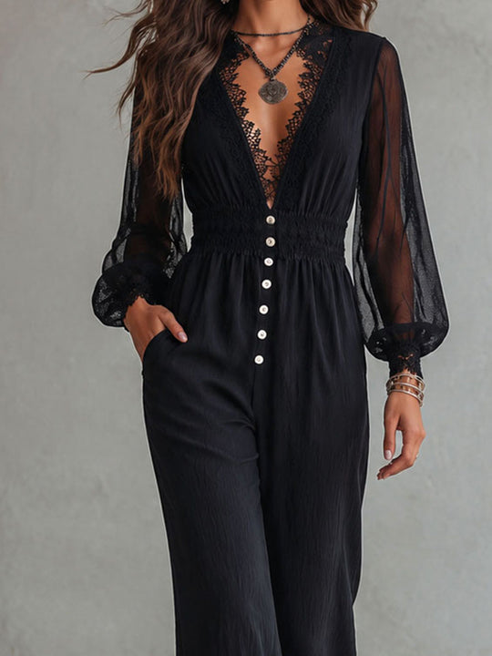 Retro Elegant Black Sheer Long Sleeves Lace Triml Wide-Leg Jumpsuit