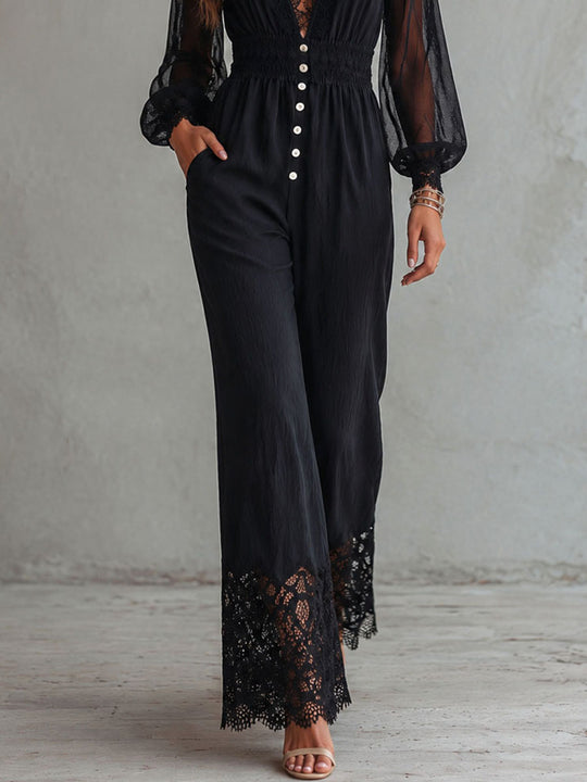Retro Elegant Black Sheer Long Sleeves Lace Triml Wide-Leg Jumpsuit