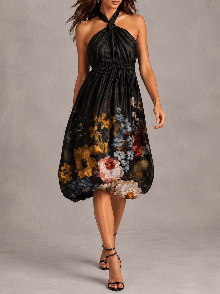 Romantic Knotted Halter Oil Painting-style Floral Print Satin Midi Dress
