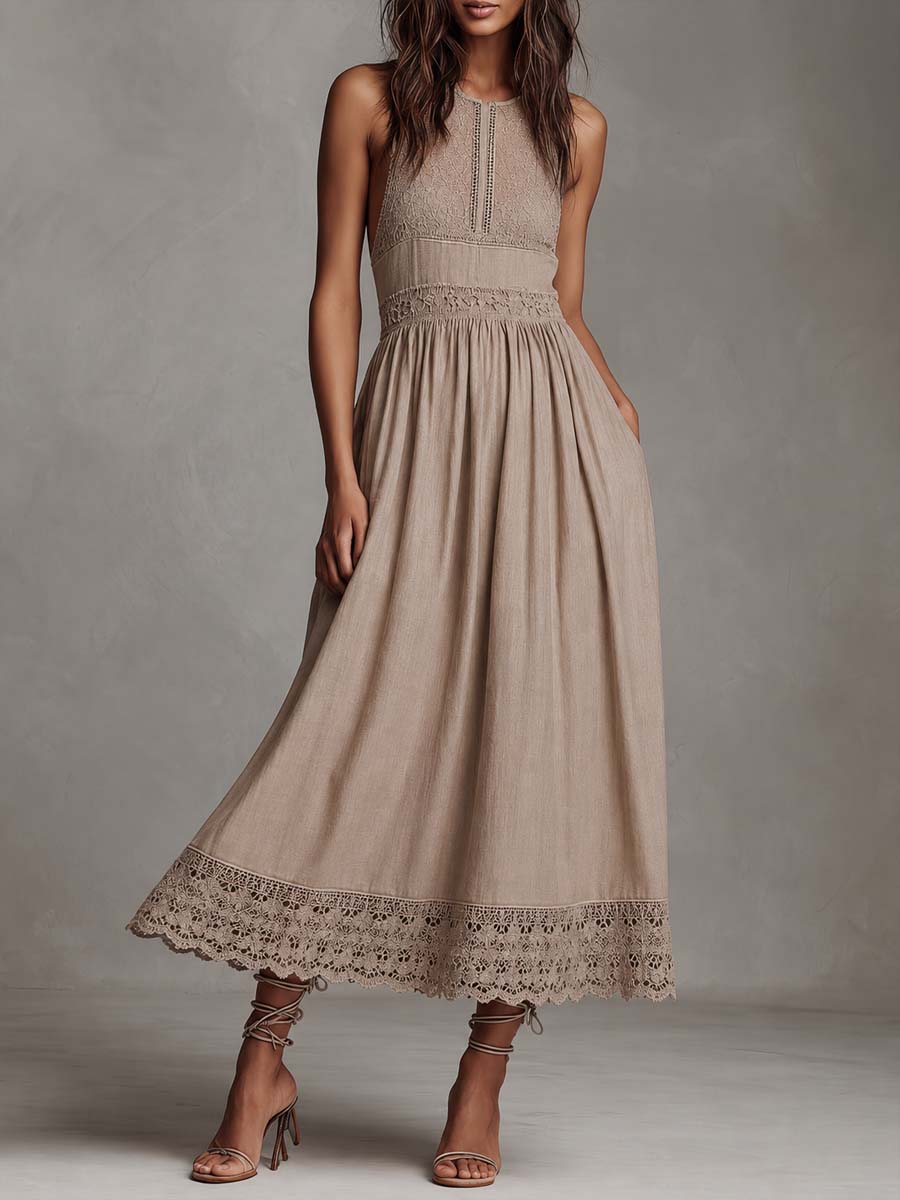 Boho Lace Linen Sleeveless Midi Dress